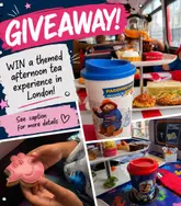 A promotional collage for a themed afternoon tea bus tour in London, featuring Paddington, Peppa Pig, and PAW Patrol themes.
