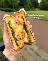 A high-quality, close-up handheld shot of a toasted sandwich featuring a visible cheese pull, set against a soft-focus outdoor background.