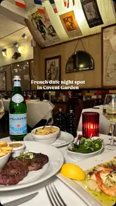 A montage showcasing a dinner experience at Mon Plaisir, a French restaurant in London, highlighting the interior, cocktails, various dishes, and the social atmosphere.