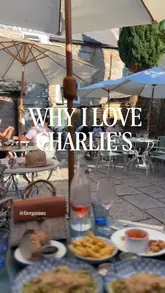 A short, montage-style reel showcasing Charlie's Cafe & Wine Bar in Tetbury. The video highlights the venue's outdoor garden seating, the menu's vegan-friendly options, and various dishes including arancini, pasta, and tiramisu.