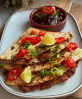 A high-quality, appetizing close-up shot of homemade pulled pork quesadillas served with a side of black bean dip. The dish is garnished with fresh herbs, sliced chili, and lime wedges, presented on a simple, clean plate.