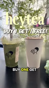 A promotional reel for Heytea announcing a one-day Buy One Get One Free offer to celebrate the World Cup Final. The video demonstrates the simple process of showing a ball (physical or digital) to claim the offer and showcases various tea drinks.