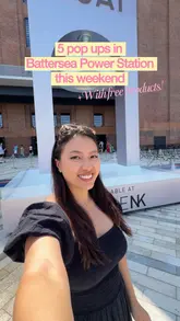 A fast-paced, vlog-style reel showcasing five different pop-up events taking place at Battersea Power Station. The creator visits each stand, showing the products and the setup, with clear text overlays identifying each brand.
