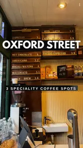 The video presents a curated list of three speciality coffee shops located near Oxford Street in London. It features quick, engaging shots of the exterior, interior, and coffee preparation at each venue, accompanied by a voiceover providing context and personal recommendations.