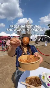 A vibrant vlog-style reel promoting a free Thai festival held at Potters Fields Park in London. The video features a variety of street food stalls, cultural performances, artisan crafts, and drinks, set against the backdrop of Tower Bridge. The creator provides a quick tour of the offerings, highlighting specific food items and the overall event atmosphere.