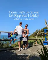 A family travel post featuring a family posing in front of a cliffside view, promoting a budget-friendly holiday experience.