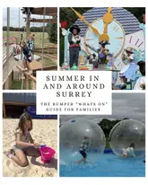 A collage image promoting a 'What's On' guide for family activities in Surrey during the summer holidays. The image features four distinct photos showing children engaging in various outdoor activities, including a high-ropes course, a themed character performance, sand play, and water-walking balls. The central text overlay clearly identifies the purpose of the post as a summer guide for families.