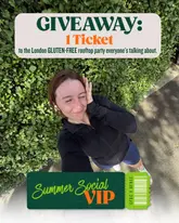 A promotional selfie-style image used for a giveaway to a gluten-free rooftop party in London. The creator is posing in front of a hedge, with text overlays detailing the giveaway offer.