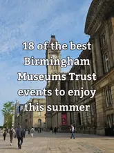 A clear, wide-angle, eye-level exterior shot of the Birmingham Museum & Art Gallery on a bright, sunny day, used as a cover image for a listicle about summer events.