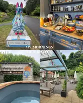 A four-panel collage showcasing a relaxing holiday or glamping experience, featuring a Peter Rabbit statue, a breakfast buffet, a hot tub, and an outdoor seating area.
