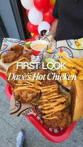 A fast-paced promotional video showcasing the opening of Dave's Hot Chicken in Liverpool. The video features close-up shots of the food, including chicken sliders, tenders, fries, and milkshakes, alongside footage of the queue, the interior, and customers enjoying the experience.