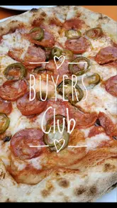 A montage showcasing the food and outdoor dining area of Buyers Club in Liverpool, featuring dishes like focaccia, confit potatoes, cacio e pepe butter beans, and pizzas.