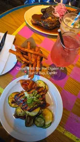 A short-form video documenting a dinner visit to Turtle Bay, featuring shots of the menu, various cocktails, and Caribbean-inspired dishes like jerk chicken and tamarind salmon.
