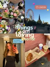 A lifestyle collage post documenting a personal experience of living in London, featuring a mix of city landmarks, flowers, a selfie, and a casual coffee and pastry break.
