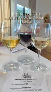 A montage of a Mediterranean Winemakers Dinner event at Hope Street Hotel, featuring a 5-course meal with wine pairings, venue shots, and sunset views.