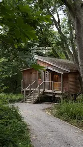 A serene, aesthetic montage showcasing a treehouse retreat in the English countryside, featuring cozy interiors, a breakfast setup on a deck, and an outdoor bathtub.