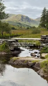 A scenic travel montage showcasing various picturesque locations in Little Langdale, Lake District, including a cottage, bridge, cave, and quarry, presented as a car-free itinerary.