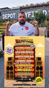A promotional video for the 'Live From The Grill' food festival at Depot Mayfield in Manchester. The creator, Liam Marley, walks through the venue, highlighting the participating restaurants, the food offerings (specifically BBQ), the live music lineup, and the accessible pricing structure (£5 and £15 dishes). The video uses a mix of talking-head segments and B-roll of food preparation and the venue.
