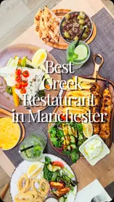 A short promotional video for a Greek restaurant in Manchester, featuring a montage of various dishes including grilled fish, skewers, calamari, and baklava, interspersed with shots of the restaurant's interior.