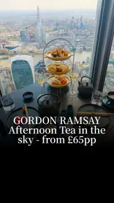 A visually appealing reel showcasing an afternoon tea experience at Lucky Cat by Gordon Ramsay, located in a high-rise building in London. The video features panoramic city views, close-ups of the food including nigiri, sandos, and pastries, and the pouring of champagne.
