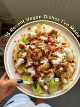 A bright, overhead shot of a homemade vegan flatbread, used as the cover image for a listicle of 15 vegan recipes.