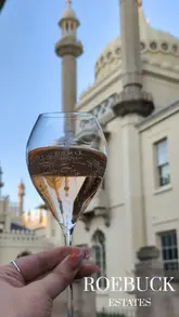 A promotional reel for the Roebuck Estates sparkling wine pop-up bar located at The Royal Pavilion Rooms in Brighton. The video features close-up shots of sparkling wine being poured, various food pairings like crostini and focaccia, and the scenic outdoor setting near the Royal Pavilion.