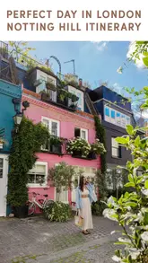 A curated one-day itinerary for Notting Hill, London, featuring a sequence of popular coffee shops, bakeries, markets, and pubs. The video uses a montage style with text overlays to guide the viewer through the day's schedule, highlighting the aesthetic appeal of the area and specific food and drink items.