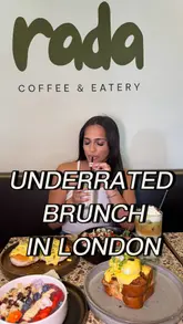 A video review of Rada Coffee & Eatery in London, featuring a variety of brunch dishes including Eggs Royale, a chicken rice box, a brioche benedict, an acai bowl, and iced lattes. The creator highlights the quality and flavour of the food.