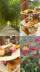 A video showcasing a visit to Alnwick Gardens, featuring scenic shots of the grounds, fountains, and bamboo labyrinth, followed by a sequence of an afternoon tea service at the Pavilion Cafe.
