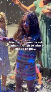 A montage of children exploring an immersive, weather-themed play experience at the Unicorn Theatre in London, featuring interactive elements like snow and clouds.