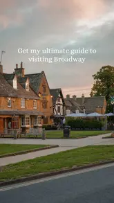 A cinematic montage showcasing the village of Broadway in the Cotswolds, featuring exterior shots of the village, a tea room, and a boutique hotel/restaurant, interspersed with brief glimpses of plated desserts and wine.