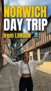 A travel vlog documenting a solo day trip from London to Norwich, featuring visits to the Norwich Cathedral, Elm Hill, Norwich Castle, the market, and a local coffee shop.
