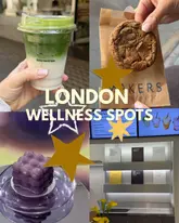 A collage-style image promoting various London wellness spots, featuring a matcha latte, a cookie, a unique purple dessert, and a minimalist interior shelf display.