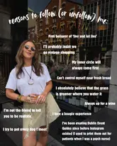 A lifestyle portrait of a creator standing in front of a wine bar, heavily overlaid with personal text that obscures much of the background and venue details.