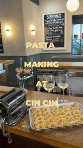 The video documents a pasta-making workshop at Cin Cin, covering the arrival with a spritz and antipasti, the step-by-step process of making fresh pasta, and the final meal accompanied by wine.
