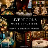 A professionally designed collage graphic showcasing six high-end private dining rooms in Liverpool, featuring elegant table settings and sophisticated interior design to promote local hospitality venues.