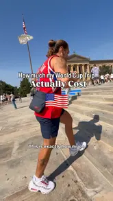 The creator documents a four-day trip to the US for the World Cup, breaking down the total costs including flights, accommodation, transport, and various food and drink experiences at different venues.