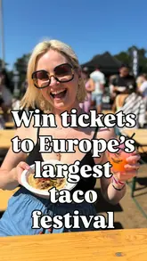 The video is a promotional reel for a taco and tequila festival in Richmond. The creator highlights the event, mentions the number of food vendors, emphasizes the gluten-free options available, and showcases the live music and drinks, all while running a ticket giveaway.