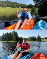 A split-screen image featuring a person kayaking on a calm lake at a large estate, effectively showcasing the outdoor activities available at the venue. The bright, natural lighting and clear composition create an inviting and aspirational atmosphere for a group getaway.