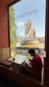 A listicle-style video guide showcasing three family-friendly locations in London: Tower Bridge Collective, Unicorn Theatre, and HMS Belfast. The video uses simple text overlays to number the activities and provides brief glimpses of each venue, including a food hall with a play area, a theatre, and a historic ship.