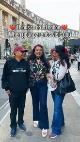A listicle-style travel guide showcasing various tourist attractions and experiences in London, featuring the creator and her parents visiting spots like a floating bookshop, a Japanese market, museums, and landmarks.
