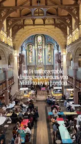 A fast-paced listicle video showcasing 14 distinct dining and food experiences across London, ranging from immersive dinner shows and luxury afternoon teas to unique cafe settings and viral food trends.