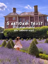 A bright, well-composed travel image featuring a creator in a lavender field in front of a historic National Trust property, serving as the cover for a listicle of recommended day trips near London.