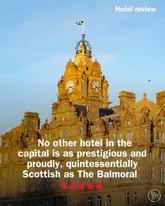 A professional, high-quality architectural photograph of The Balmoral hotel in Edinburgh, captured during golden hour to highlight its iconic status. The image serves as a cover for a hotel review, featuring clean text overlays.