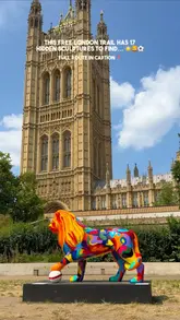 A montage video showcasing a free art trail in London featuring various artist-designed lion and lioness sculptures located at different landmarks.