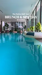 A high-quality montage showcasing a brunch and spa package at the Pan Pacific Hotel in London, featuring shots of the swimming pool, a Bloody Mary trolley, and plated brunch dishes.