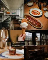 A high-quality collage image showcasing a variety of food and interior shots from different hospitality venues across Scotland, including restaurants and a gelateria. The image effectively uses a grid layout to highlight multiple dining experiences, ranging from fine dining interiors to specific dishes like sashimi and gelato.