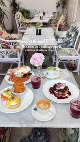 A polished, aesthetic montage showcasing a weekend brunch spread at Bourne & Hollingsworth, featuring pancakes, eggs royale, a full English breakfast, and wine.
