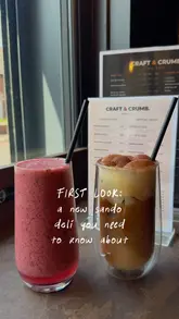 A short promotional video showcasing the opening of 'Craft & Crumb,' a new coffee bar and sando deli. The video features a montage of the exterior, interior, menu board, various sandwiches, cakes, and drinks.