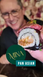 A creator visits Mina Pan Asian to review their new menu, featuring a variety of dishes including Mongolian beef, bao buns, a burger, kimbap, and a wagyu sando, alongside colorful mocktails.